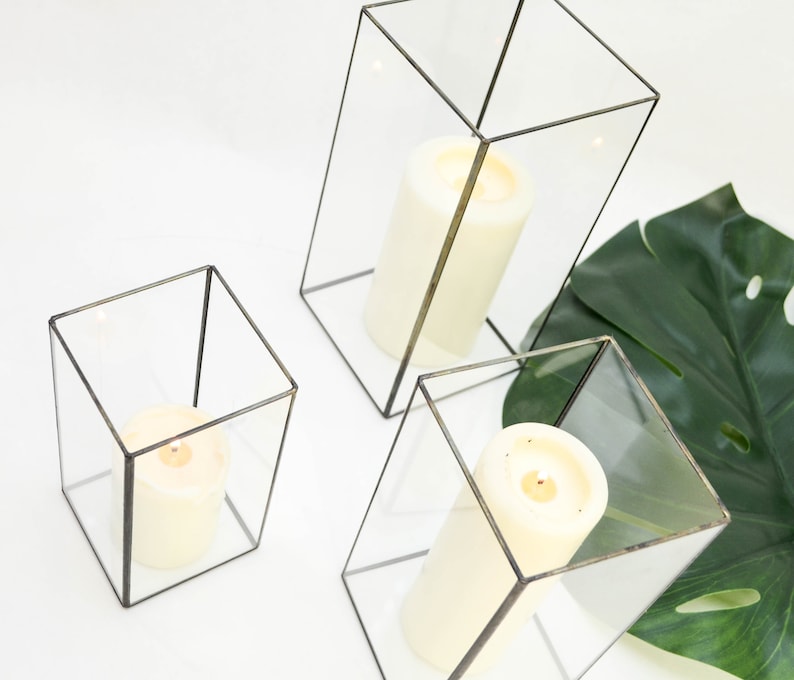 Set of 3 geometric glass candle holders Rectangles. Modern Etsy