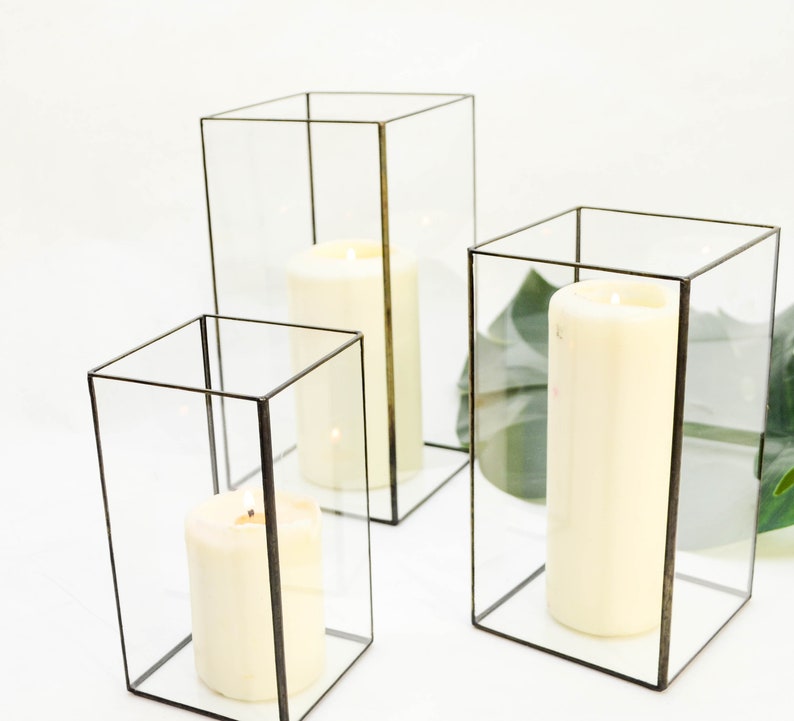 Set of 3 geometric glass candle holders Rectangles. Modern Etsy