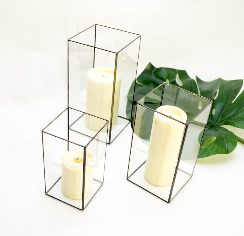 Set of 3 geometric glass candle holders Rectangles. Modern Etsy