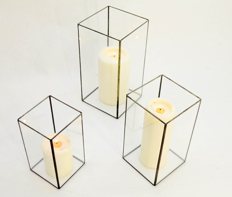 Set of 3 geometric glass candle holders Rectangles. Modern Etsy