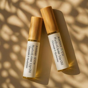 May include: Two lip oil tubes with wooden caps are displayed at an angle. The tubes are clear, revealing a golden liquid. Each tube has a white label with the text "Atelier & Co HydraLume Lip Oil Ceramide & Hyaluronic."