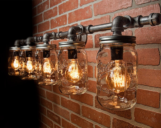 Featured listing image: Mason Jar Light Fixture - Industrial Light - Rustic Light - Vanity Light - Wall Light - Wall Sconce - Steampunk Light - FREE SHIPPING