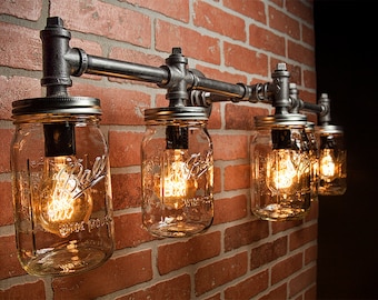 Industrial Lighting - Lighting - Mason Jar Light - Steampunk Lighting - Bar Light - Industrial Chandelier - Wall Light - FREE SHIPPING