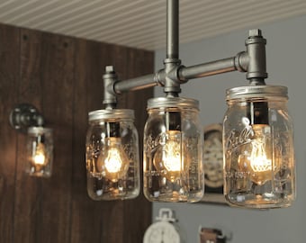 Industrial Lighting - Lighting - Mason Jar Light - Steampunk Lighting - Bar Light - Industrial Chandelier - Ceiling Light - FREE SHIPPING