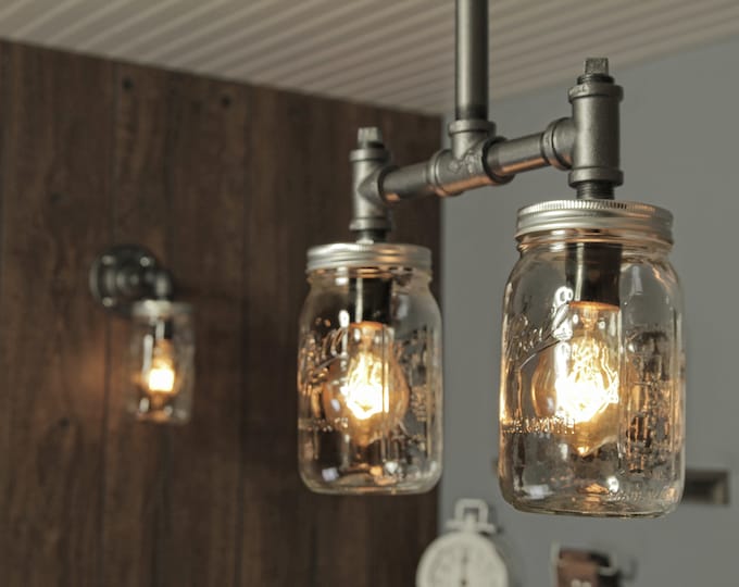 Featured listing image: Industrial Lighting - Lighting - Mason Jar Light - Steampunk Lighting - Bar Light - Industrial Chandelier - Ceiling Light - FREE SHIPPING