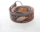 Vintage 70s 80s Wide Brown Leather Belt Tooled Painted Eagle Mod Grunge Western Cowboy Buckle Removable Worn Distress Retro Size 38
