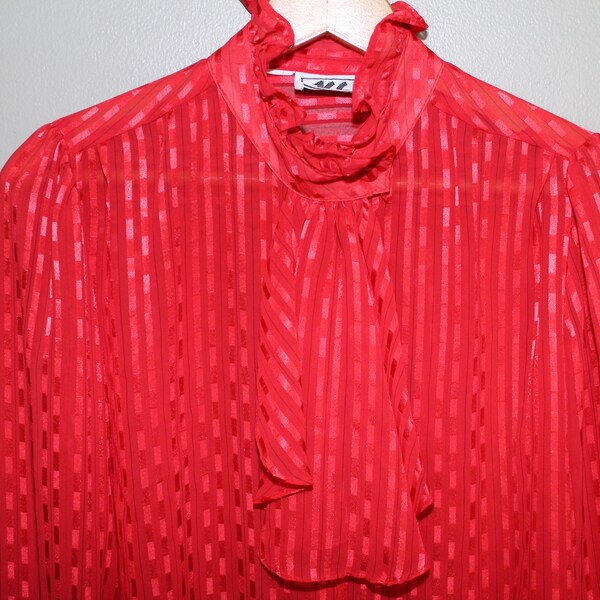 Vintage 80s Red Stripe Ascot Ruffle Shirt Blouse Top  Avant Garde New Wave Punk  Disco 70s M Retro Sexy Secretary Lipstick