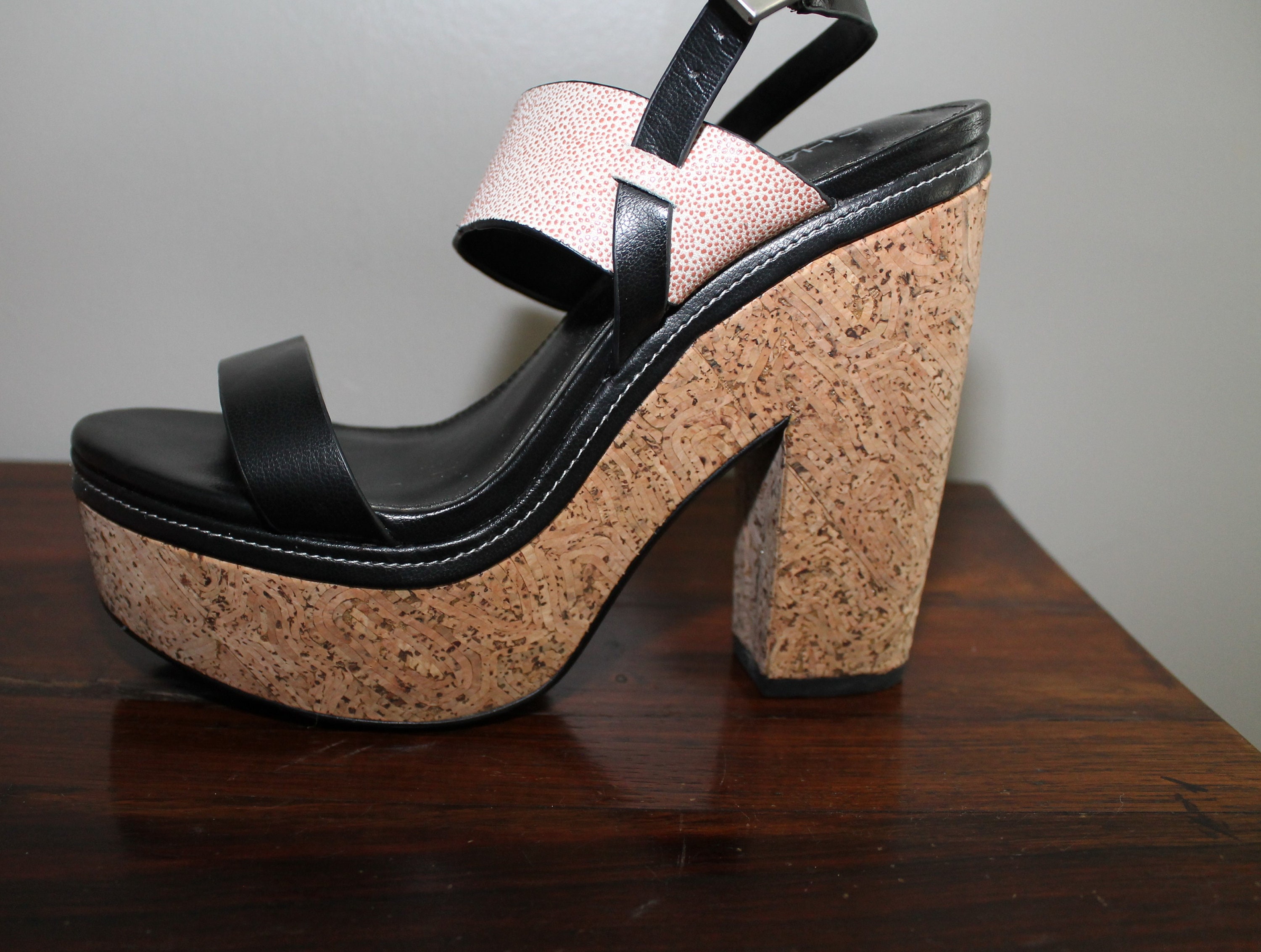 Vintage 90s Black Leather Cork Platform Shoes Heels 70s Style | Etsy