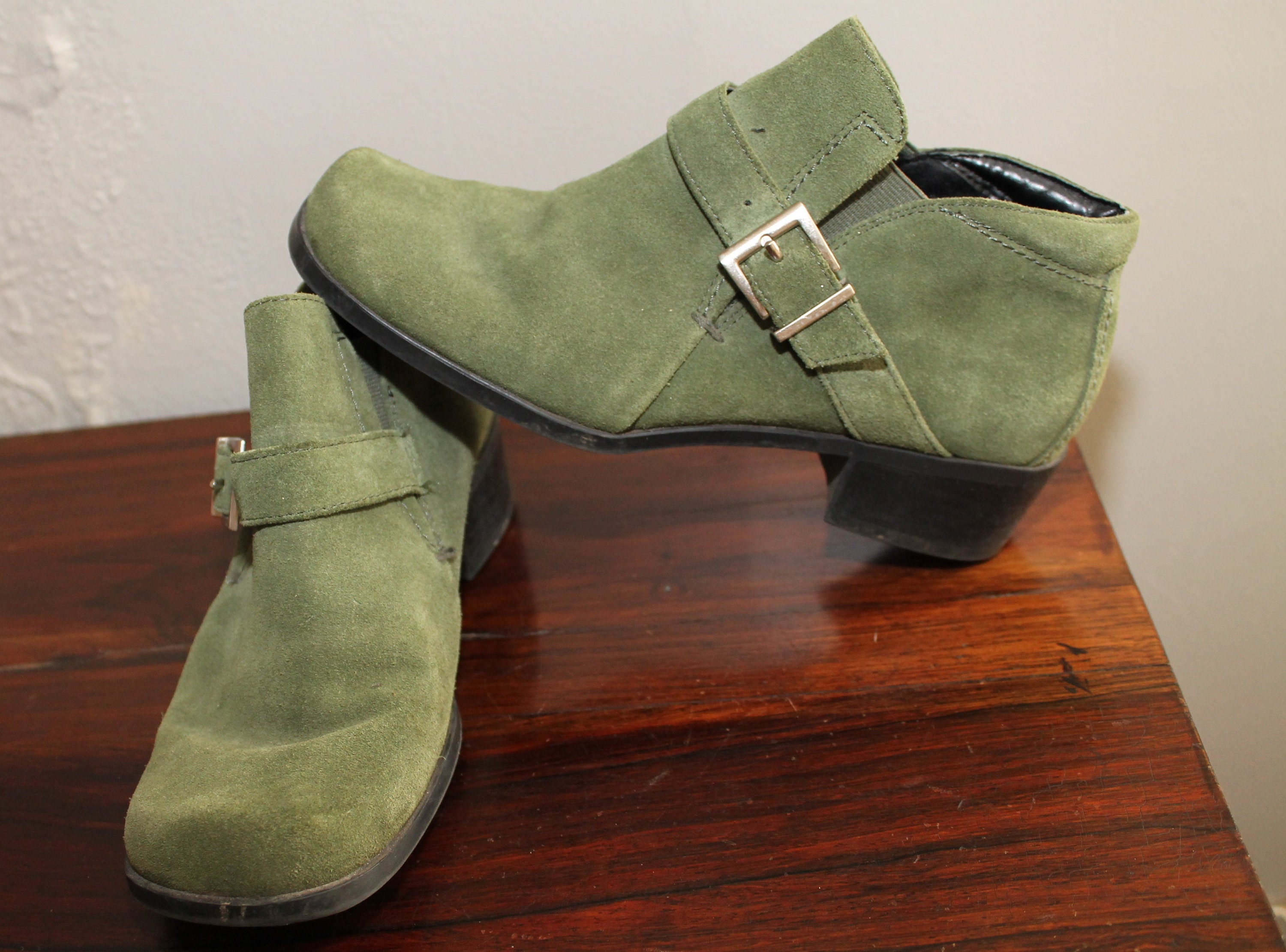 Vintage 90s Olive Green Suede Silver Buckle Ankle Boots | Etsy