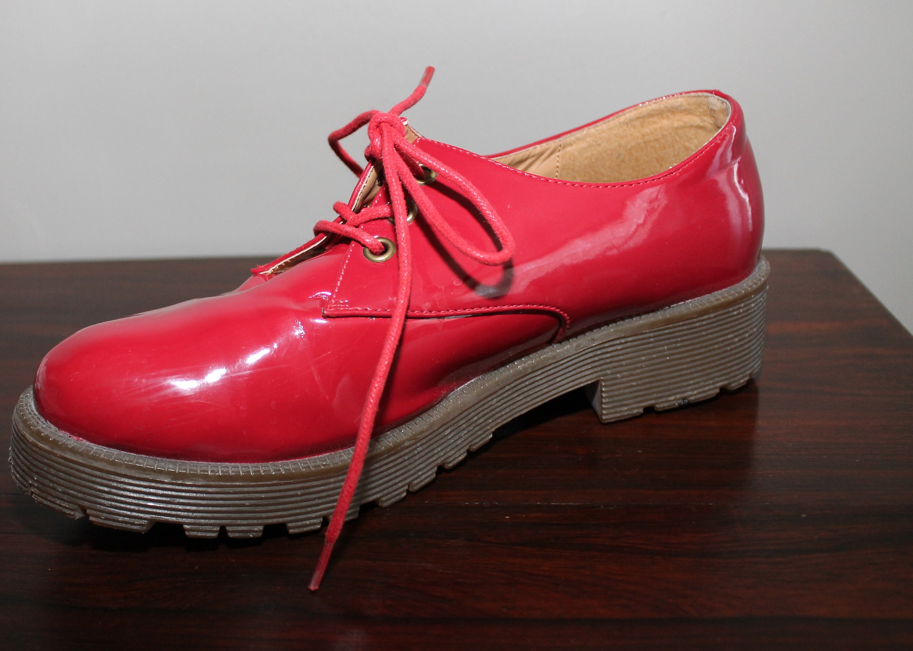 Vintage 90s Vegan Faux Patent Leather Platform Shoes Creepers Shiny Red ...