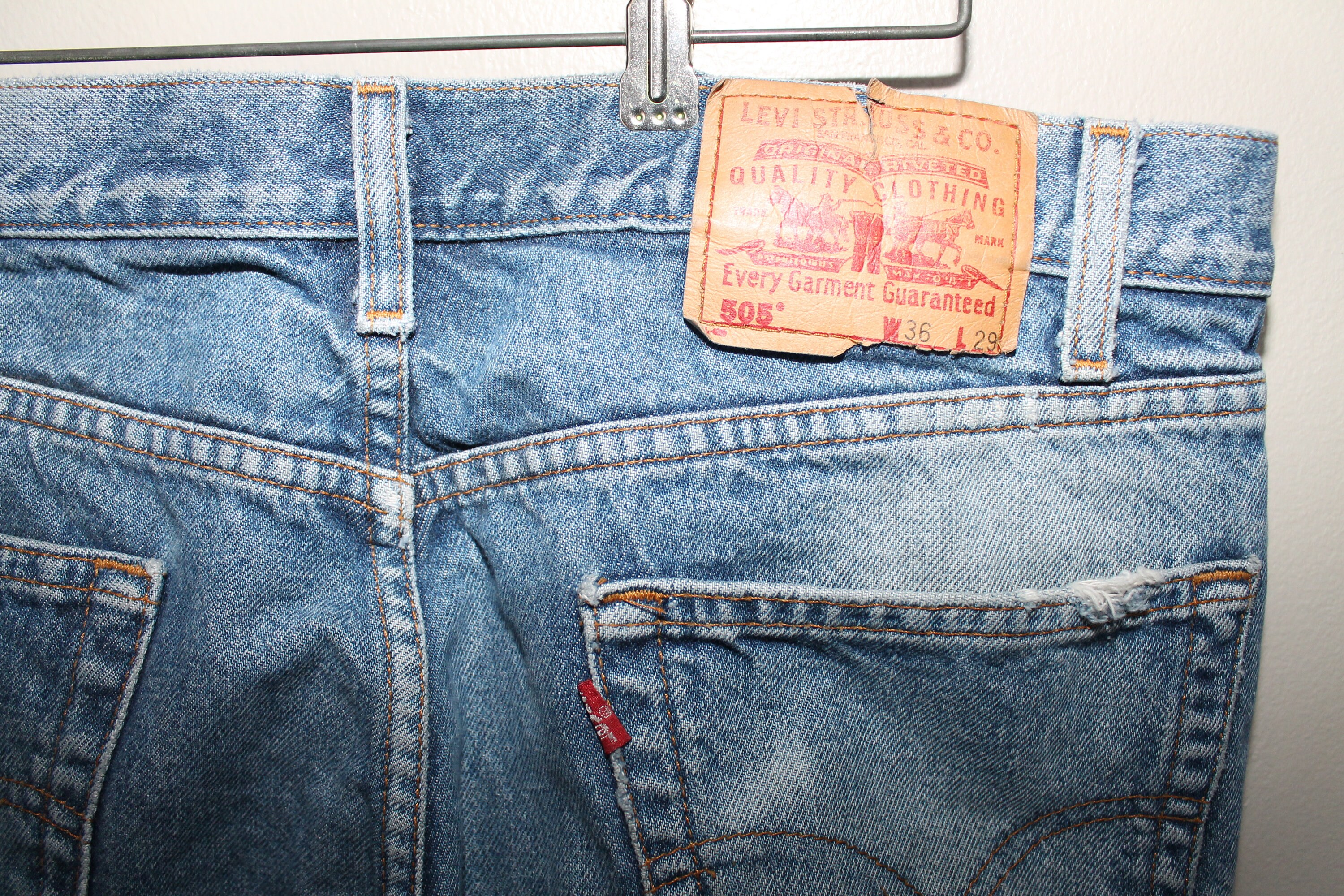 A3 Vintage 80s 90s Levi's Jeans 36x29 Levis 505 Grunge Red Tag Faded Worn Holes Straight Leg