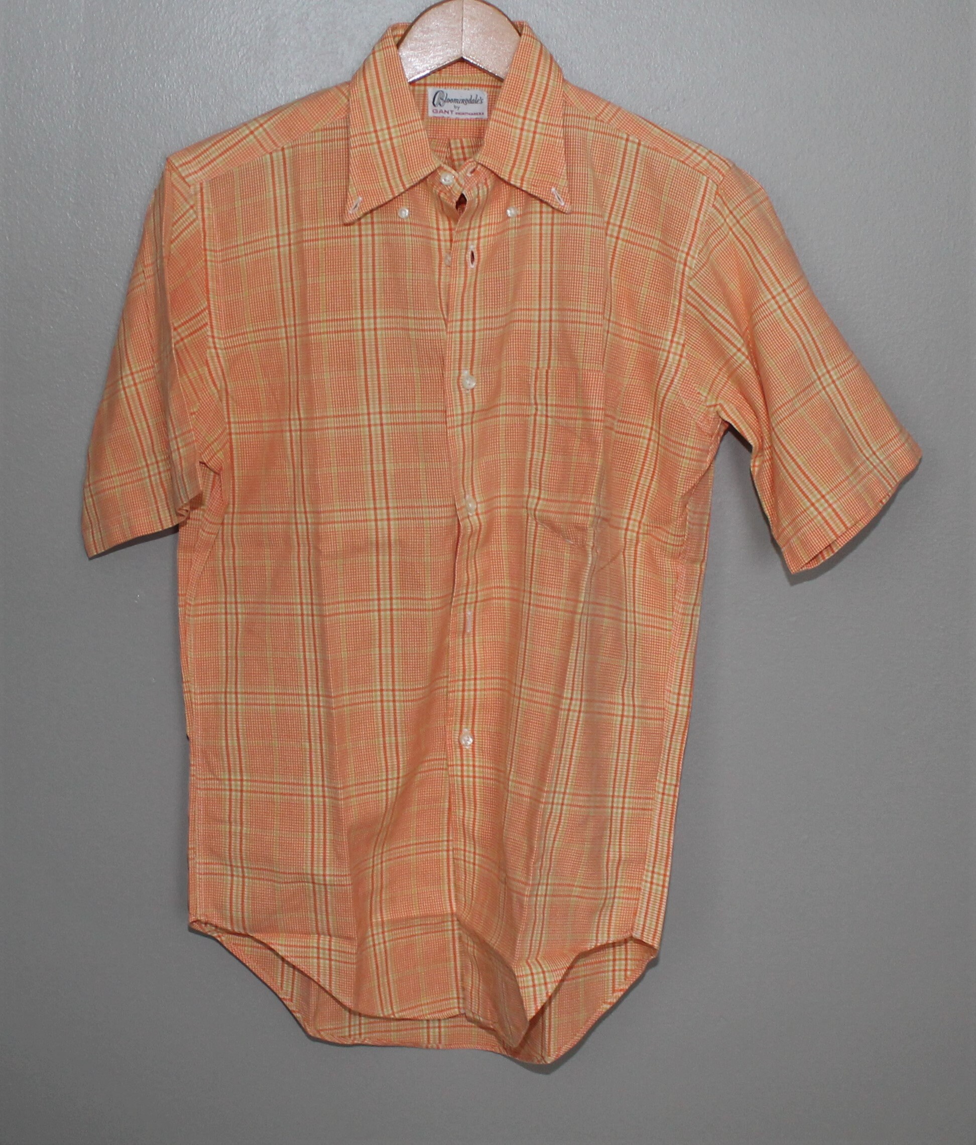 Vintage 60s 70s Gant Orange Plaid Striped Shirt Mod Hippie Shirt Poly ...