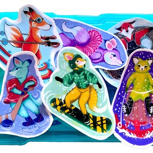 Renards de sports d’hiver| pack d’autocollants renard| ensemble de 6 autocollants œuvres d’art originales|
