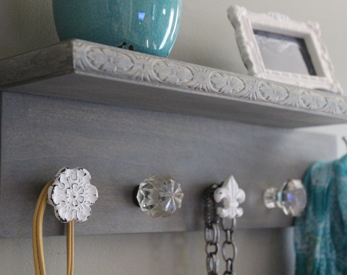 Decorative Wall Shelf With Knobs, Key Holder, Jewelry Organizer, Gray