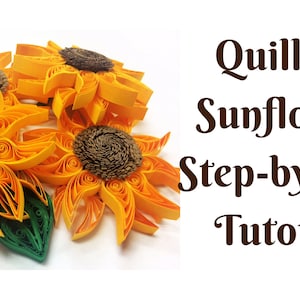 Peut inclure: Tutoriel étape par étape de quilling de tournesol. Gros plan sur trois tournesols en papier jaune et orange avec des centres bruns. Les tournesols sont disposés en grappe sur un fond blanc.