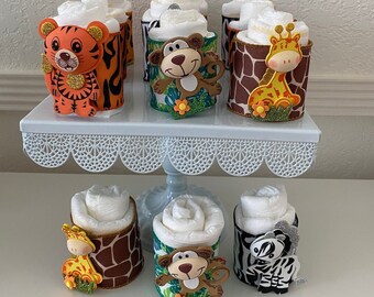 Jungle / Safari Animals Diaper Cupcakes , Centerpieces, Jungle Themed Small Diaper Cakes with 12 cupcakes