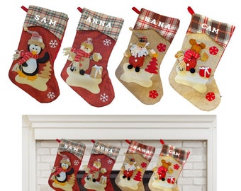 Personalised Christmas Stockings in Red Top Hessian With Santa, Snowman ...