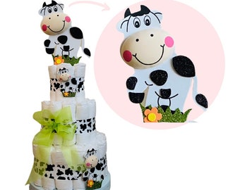 Cow Diaper Cake 3 Tier Farm Theme Diaper Cake, 3 tier Diaper Cake Kit, Cow table decor, Baby Shower cake, Cow themed party, baby shower gift