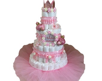 Princess Diaper Cake, 3 or 4 Tier Diaper Cake for a Girl, Princess table decor, Baby Shower cake, It's a Girl cake, Baby Shower gift