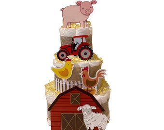 Farm House Diaper Cake, 3 Tier Farm Themed Diaper Cake, Farm House table decor, Baby Shower cake, Baby Shower gift, Gender Neutral gift