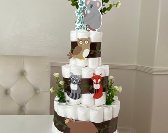 Woodland Animals Diaper Cake, 3 Tier Forest Themed Diaper Cake, Woodland table decor, Baby Shower cake Baby Shower gift, Gender Neutral gift