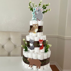 Woodland Animals Diaper Cake, 3 Tier Forest Themed Diaper Cake, Woodland table decor, Baby Shower cake Baby Shower gift, Gender Neutral gift