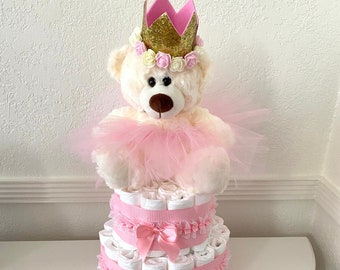 Princess Diaper Cake, 2 Tier Diaper Cake for a Girl Princess table decor, Baby Shower cake It's a Girl cake Baby Shower gift 1st Teddy bear