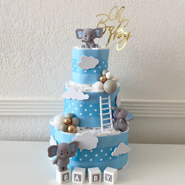 Elephant Diaper Cake, 3 Tier Elephant Themed Diaper Cake, Safari table decor, Oh Baby Cake,  Baby Shower Gift, Little Peanut Baby Shower