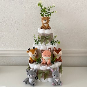 Woodland Animals Diaper Cake, 3 Tier Forest Themed Diaper Cake, Woodland table decor, Baby Shower cake Baby Shower gift, Gender Neutral gift