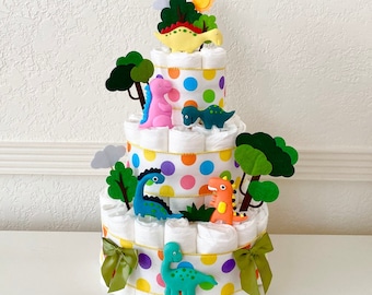 Dinosaur Diaper Cake, 3 Tier Dinosaur Themed Diaper Cake, Dinosaur table decor, Baby Shower cake Baby Shower gift, Gender Neutral gift
