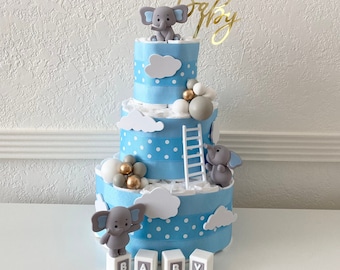 Elephant Diaper Cake, 3 Tier Elephant Themed Diaper Cake, Safari table decor, Oh Baby Cake,  Baby Shower Gift, Little Peanut Baby Shower