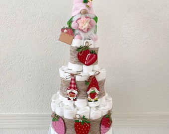 Strawberry Gnome Diaper Cake, Gender Neutral Cake, Rustic table decor, Baby Shower cake, Summer style cake, Boho style Baby shower gift