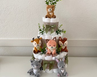 Woodland Animals Diaper Cake, 3 Tier Forest Themed Diaper Cake, Woodland table decor, Baby Shower cake Baby Shower gift, Gender Neutral gift