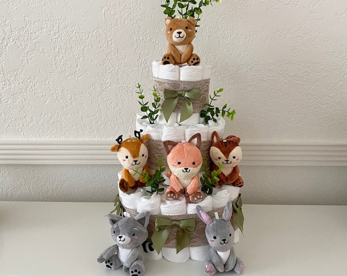 Large Sage Green and Gray Woodland Diaper Cake - Baby Shower Gift ...