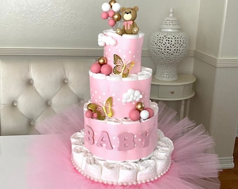 Bear Diaper Cake, 3 or 4 Tier Diaper Cake for a Girl, Princess table decor, Baby Shower cake, It's a Girl cake, Baby Shower gift