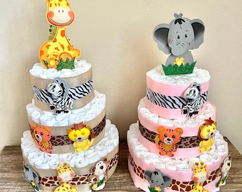 Safari Animals Diaper Cake KIT, 3 Tier Jungle Themed Diaper Cake, Safari table decor, Safari decor, Jungle decor, Baby Shower cake