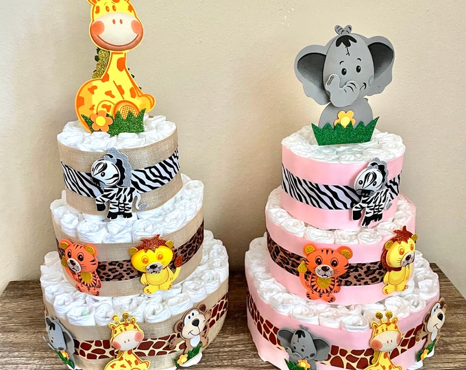 Safari Animals Diaper Cake KIT, 3 Tier Jungle Themed Diaper Cake, Safari table decor, Safari decor, Jungle decor, Baby Shower cake