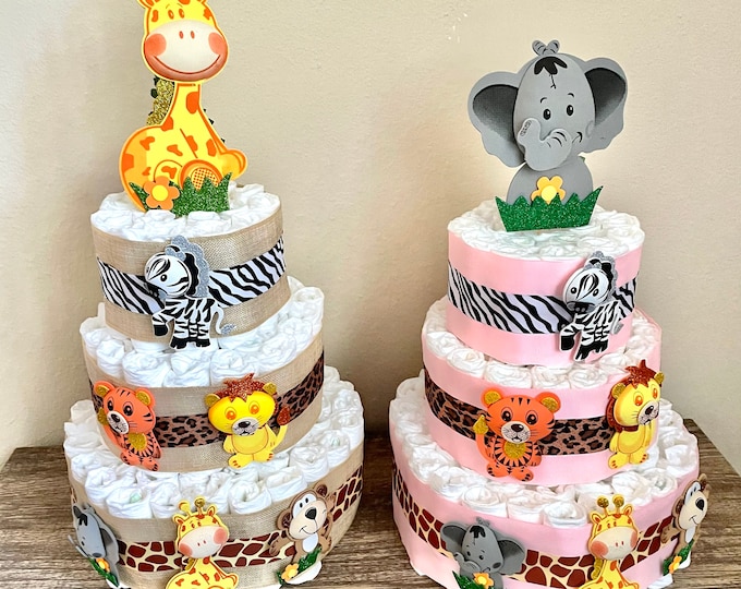 Safari Animals Diaper Cake KIT, 3 Tier Jungle Themed Diaper Cake