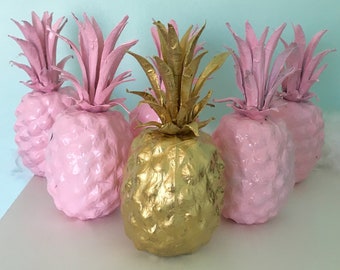 Pineapple flamingo tropical party decor, pineapple light weight cake topper, pineapple for centerpieces, gold paper mache pineapple