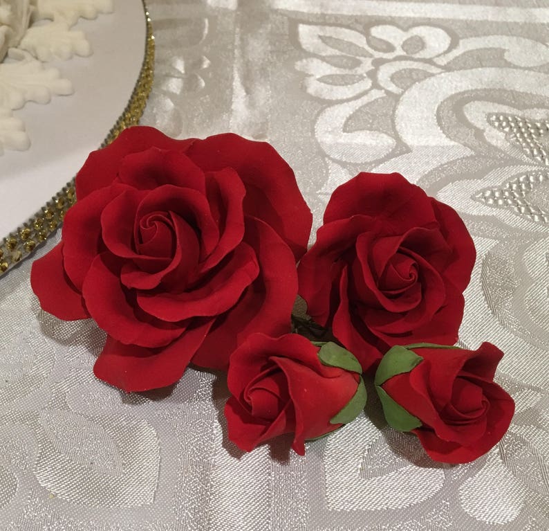 Set of 3 Beautiful Red Roses sugar gum paste red roses cake topper for your cakes image 5