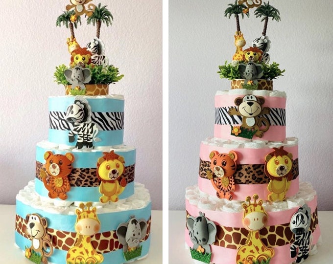 Safari Animals Diaper Cake, 3 Tier Jungle Themed Diaper Cake, Safari table decor, Safari decor, Jungle decor, Baby Shower cake