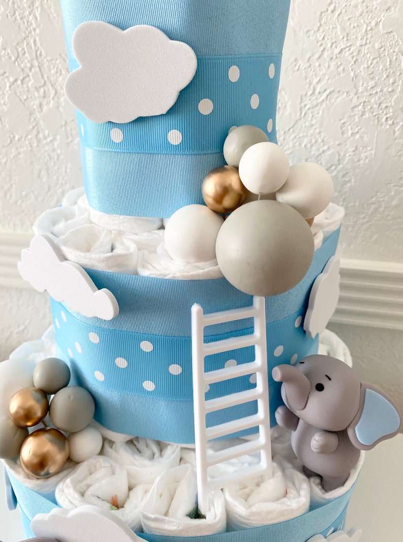 Elephant Diaper Cake, 3 Tier Elephant Themed Diaper Cake, Safari table decor, Oh Baby Cake, Baby Shower Gift, Little Peanut Baby Shower image 2