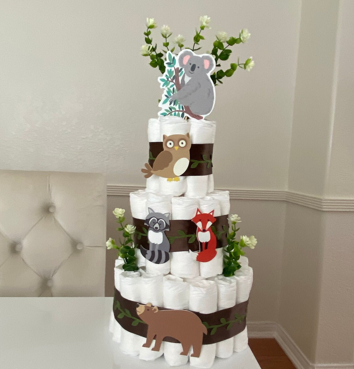Kit Décoration Gâteau De Couches – Thème Woodland – Babyshower, Gender Reveal – Animaux De La Jungle – Rubans Inclus