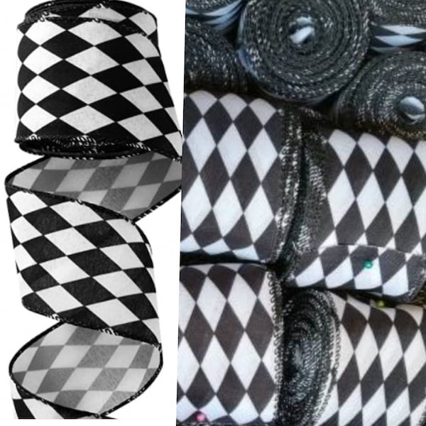 Christmas Checkered Ribbon, Harlequin Black and White Ribbon Diamond Shape Wired Edge Ribbon 2.5" wide 10 yards, Ribbon for gift wrapping