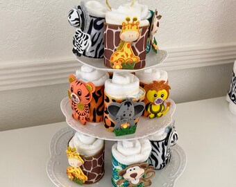 Jungle / Safari Animals Diaper Cupcakes , Centerpieces, plastic stand with 12 cupcakes