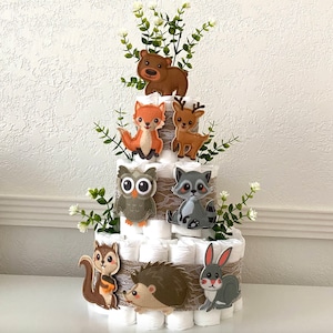 Woodland Animals Diaper Cake, 3 Tier Forest Themed Diaper Cake, Woodland table decor, Baby Shower cake Baby Shower gift, Gender Neutral gift