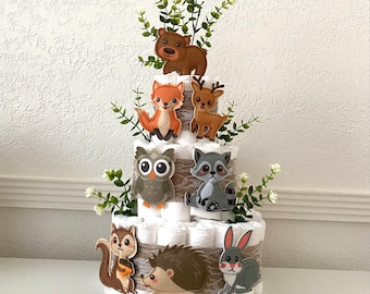 Woodland Animals Diaper Cake, 3 Tier Forest Themed Diaper Cake, Woodland table decor, Baby Shower cake Baby Shower gift, Gender Neutral gift