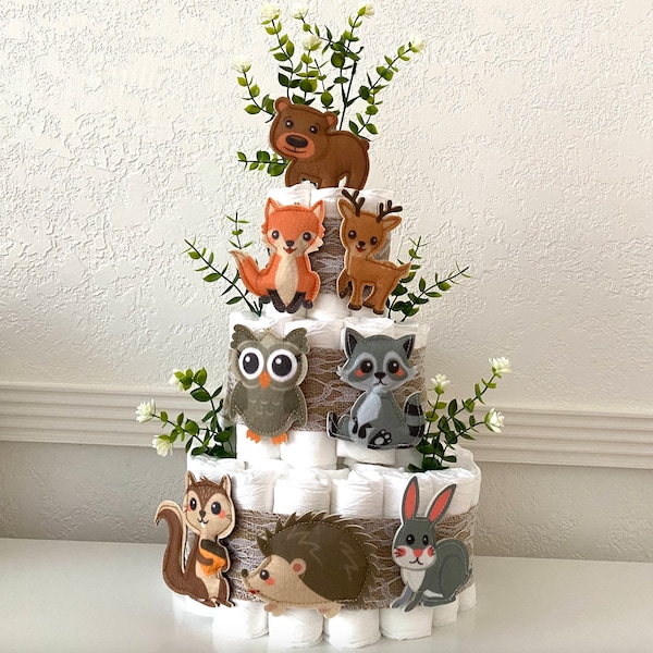 Woodland Animals Diaper Cake, 3 Tier Forest Themed Diaper Cake, Woodland table decor, Baby Shower cake Baby Shower gift, Gender Neutral gift