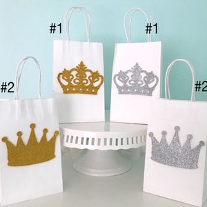 Gold or Silver color Crown Treat Bags, 8.5&quot; Height Gift Bags with Crown Foam Decorations for a Princess or Prince theme party, Crown favors