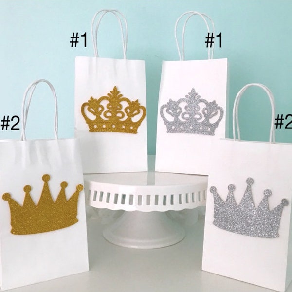 Gold or Silver color Crown Treat Bags, 8.5" Height Gift Bags with Crown Foam Decorations for a Princess or Prince theme party, Crown favors